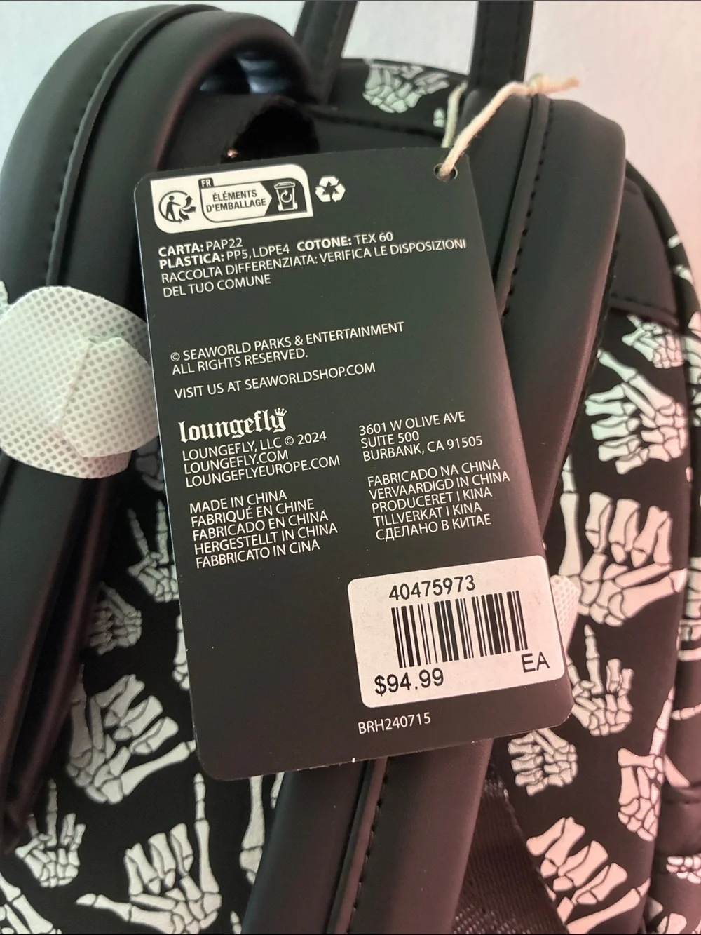 Loungefly Black & White Howl-O-Scream Skeleton Hand Mini Backpack
